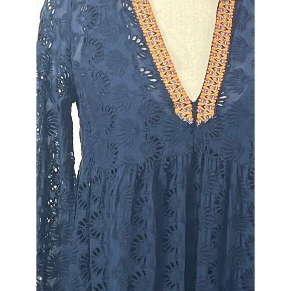 JOHNNY WAS Jade Sz S Small Navy Eyelet Embroidered Midi Dress Silk Blend - Picture 7 of 11